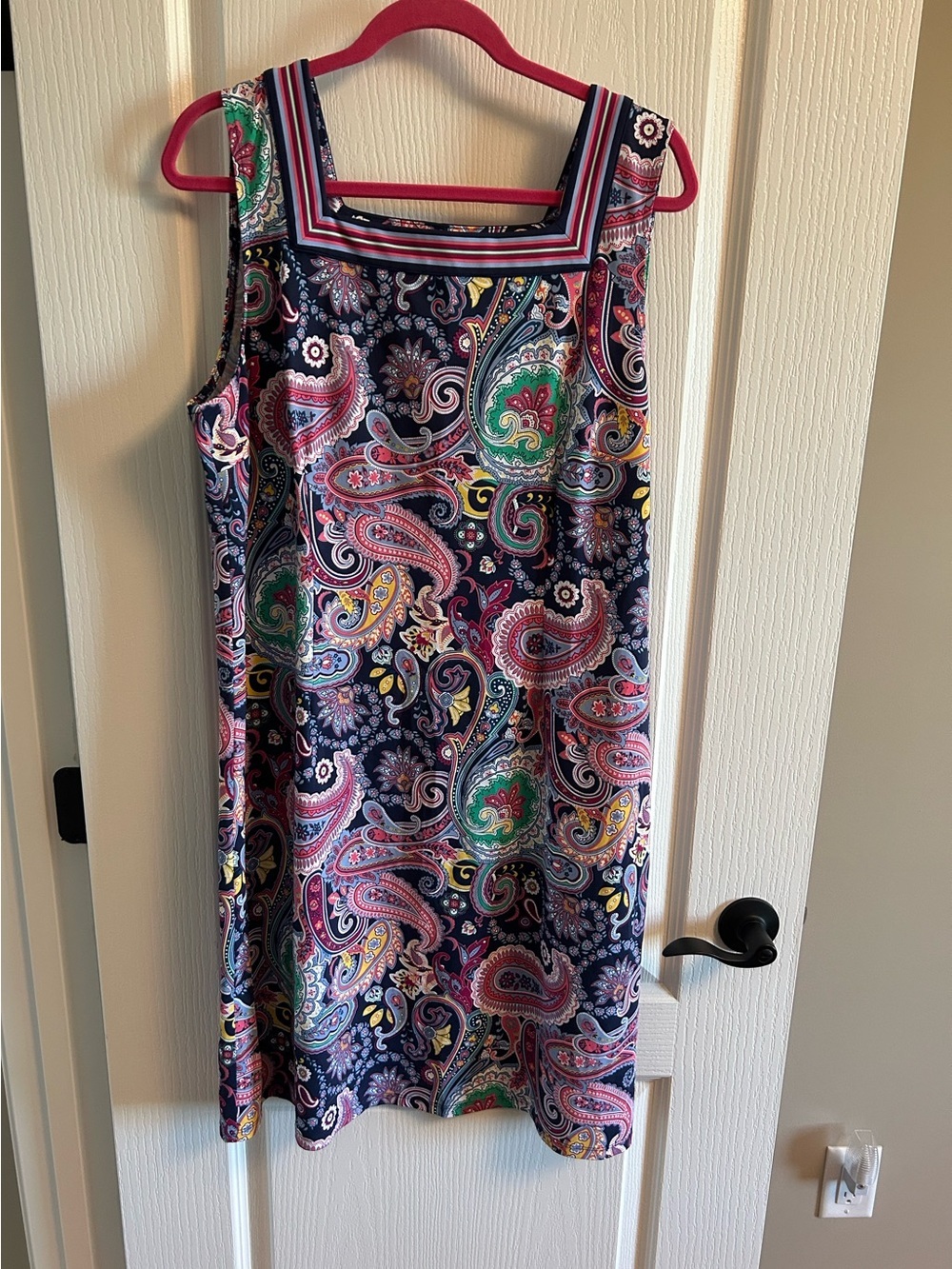 Talbots Navy Paisley Midi Shift Dress with Pink and Green Accents